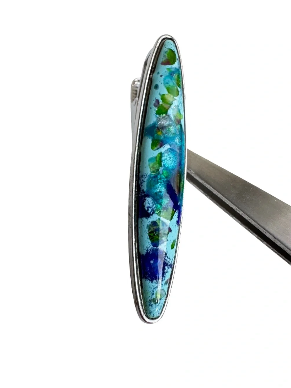 Vintage Japanese Cloisonne Tie Clip Blue Green Abstract Enamel Silver Tone Bar